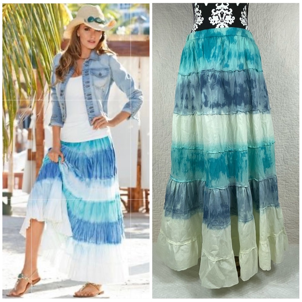 🔥Boston Proper Tiered Tie Dye Flare Maxi skirt Boho Hippie Festival Gypsy